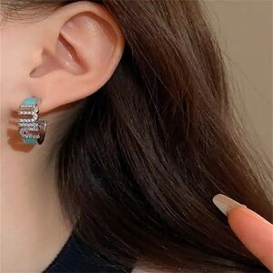Elegant  Silver and Turquoise  Earring hoops